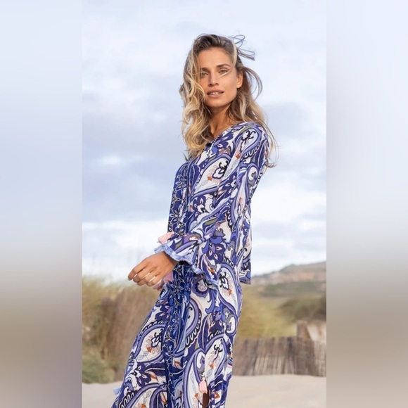 Miss June Paris Boho Maxi Dress Coverup - One Size Resort Beachwear Blue Paisley - Picture 1 of 14